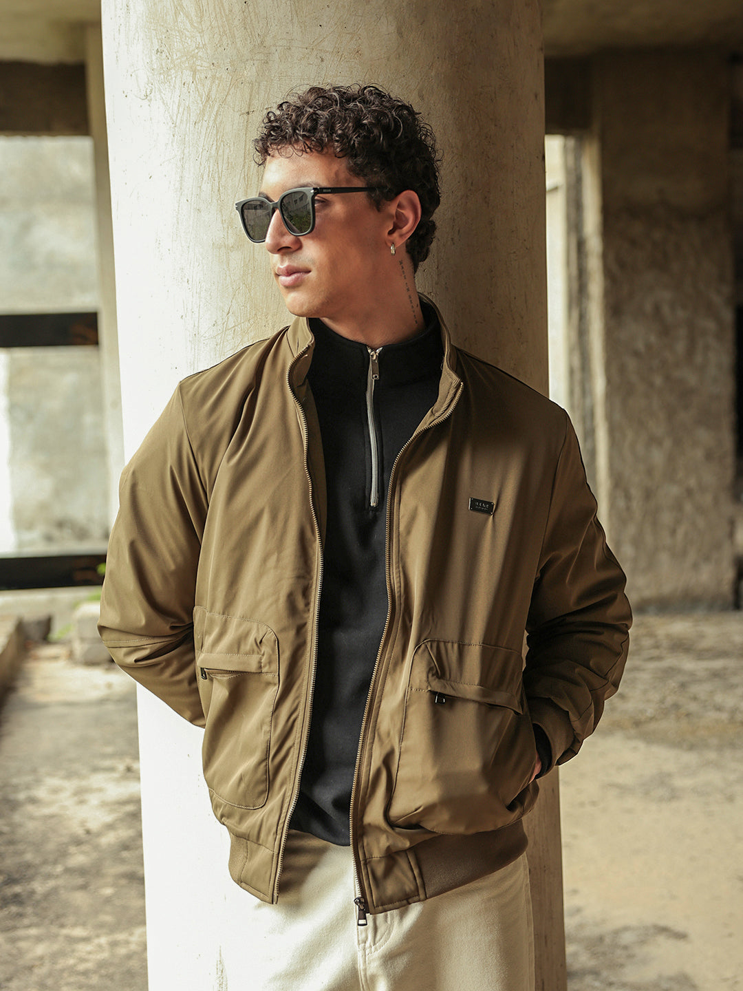 Khaki Relax Fit Bomber Jacket with High-Neck Design and Cut-and-Sew Sleeves