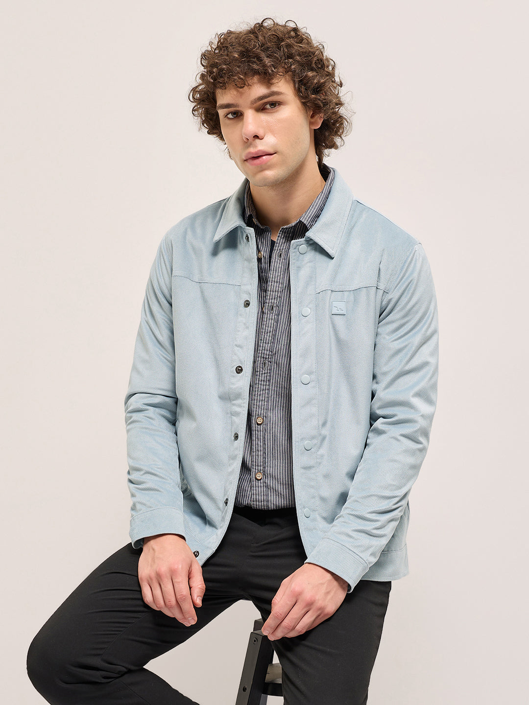Light Blue Regular Fit Snap Button Closure with Classic Collar Jacket