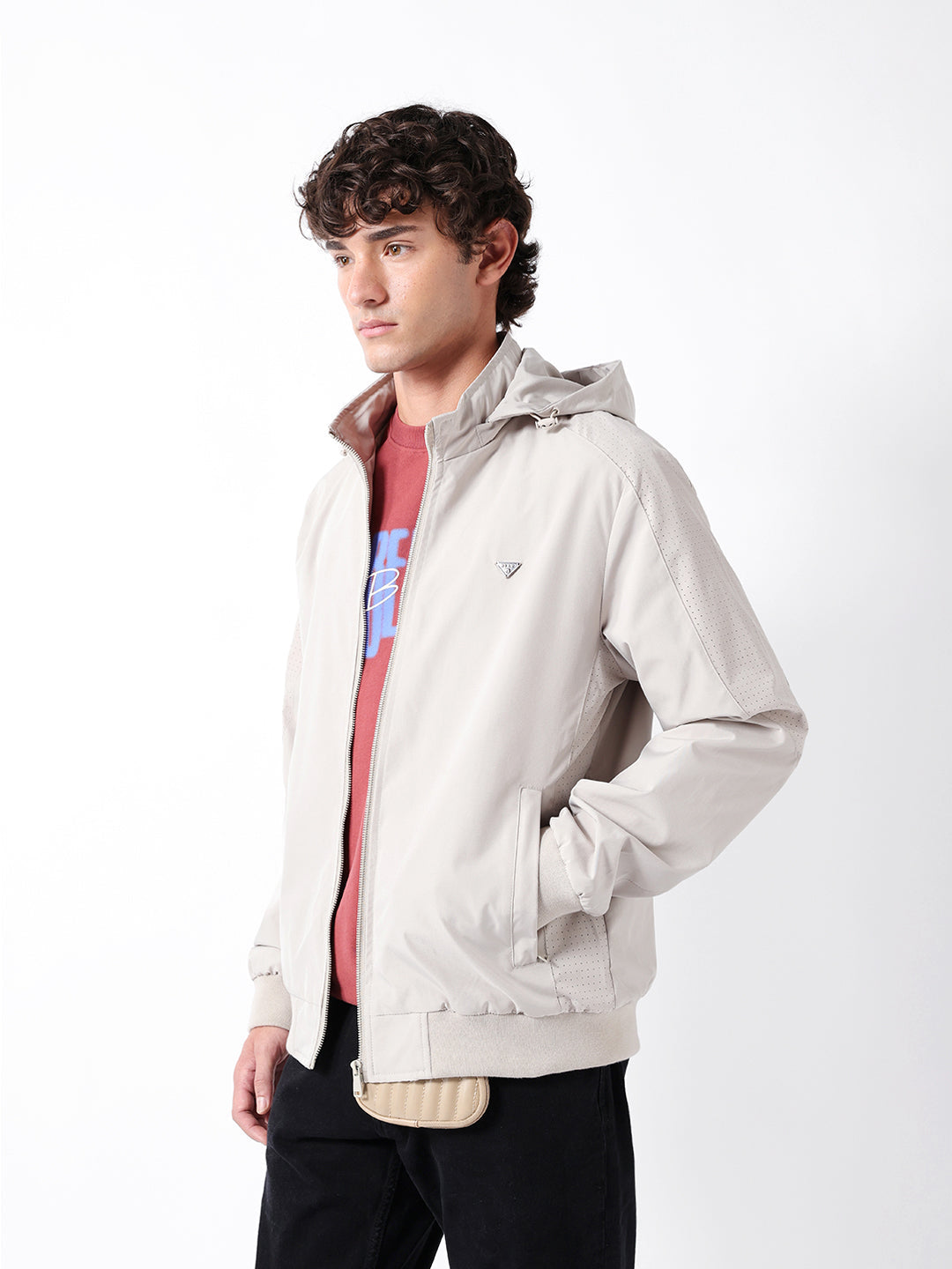 Beige Regular Fit Bomber Jacket with Detachable Hood & Raglan Sleeves