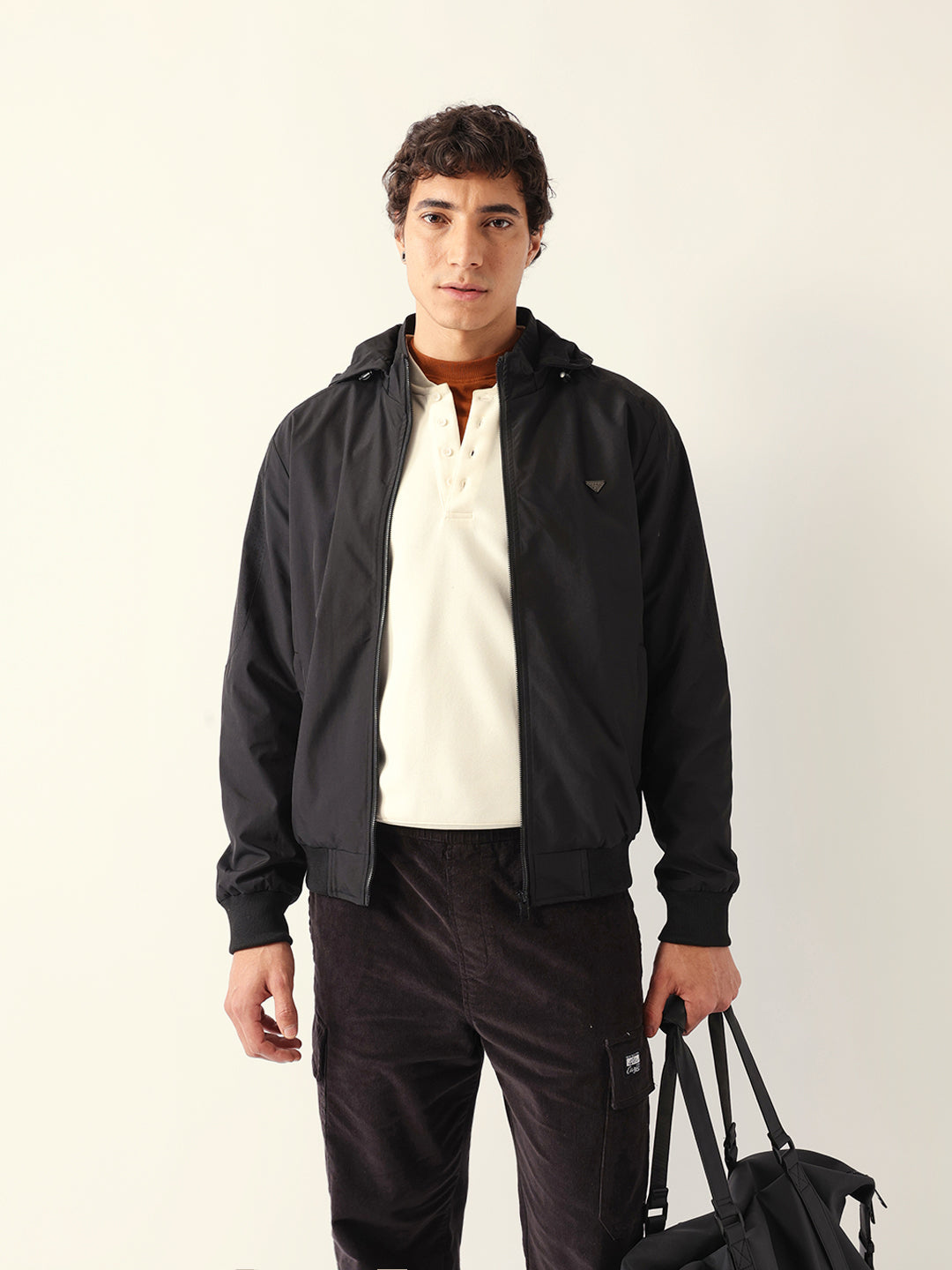 Black Regular Fit Bomber Jacket with Detachable Hood & Raglan Sleeves