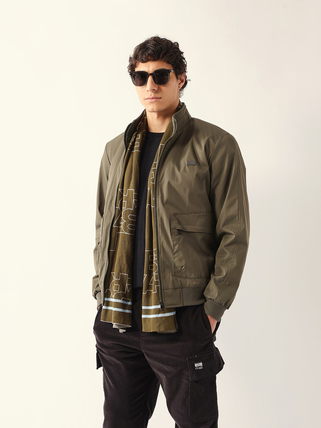 Olive Relax Fit Bomber Jacket with High-Neck Design and Cut-and-Sew Sleeves
