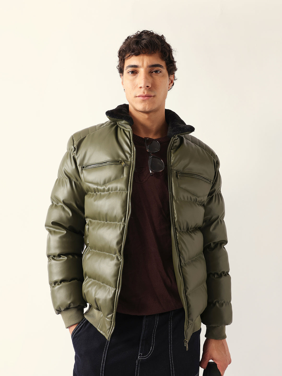 Olive Regular Fit Puffer Jacket with Mock Neck and Removable Sherpa