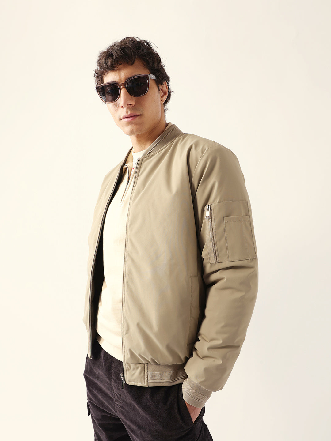 Beige Reversible Bomber/Quilted Jacket with Mock Neck and Utility Sleeve Pocket