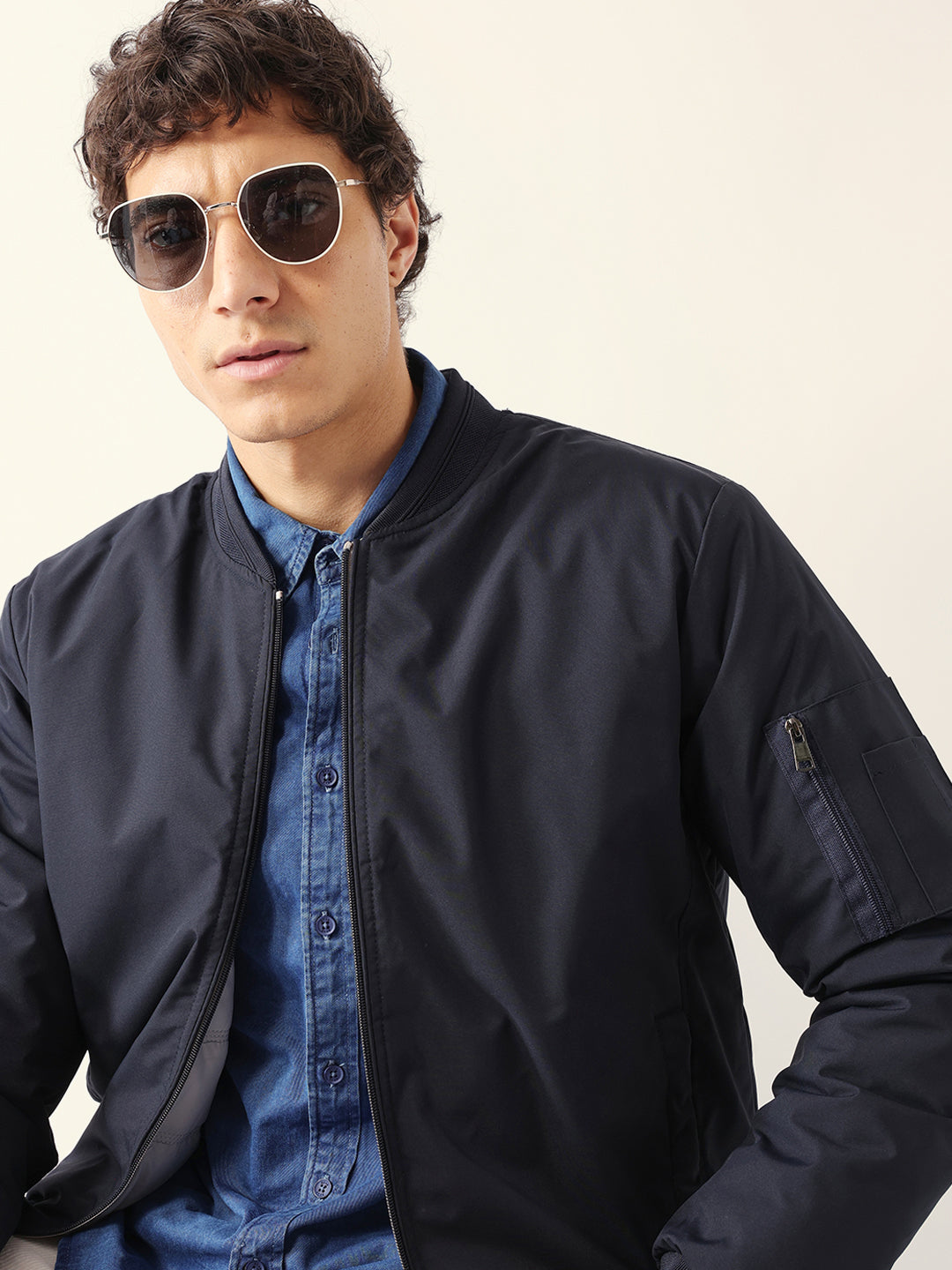 Navy Reversible Bomber/Quilted Jacket with Mock Neck and Utility Sleeve Pocket
