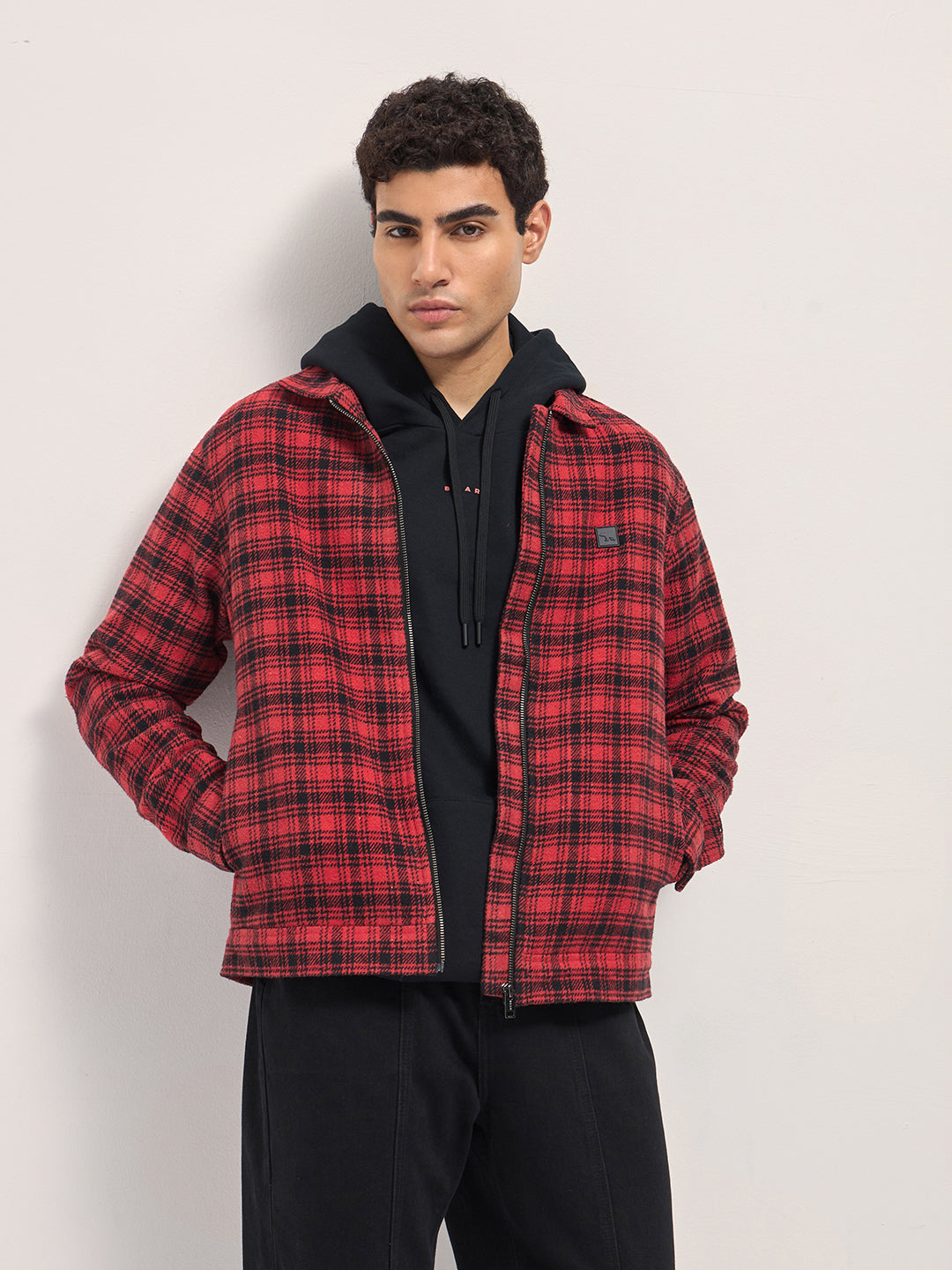 Red & Black Regular Fit Flannel Check Jacket with a Classic Collar
