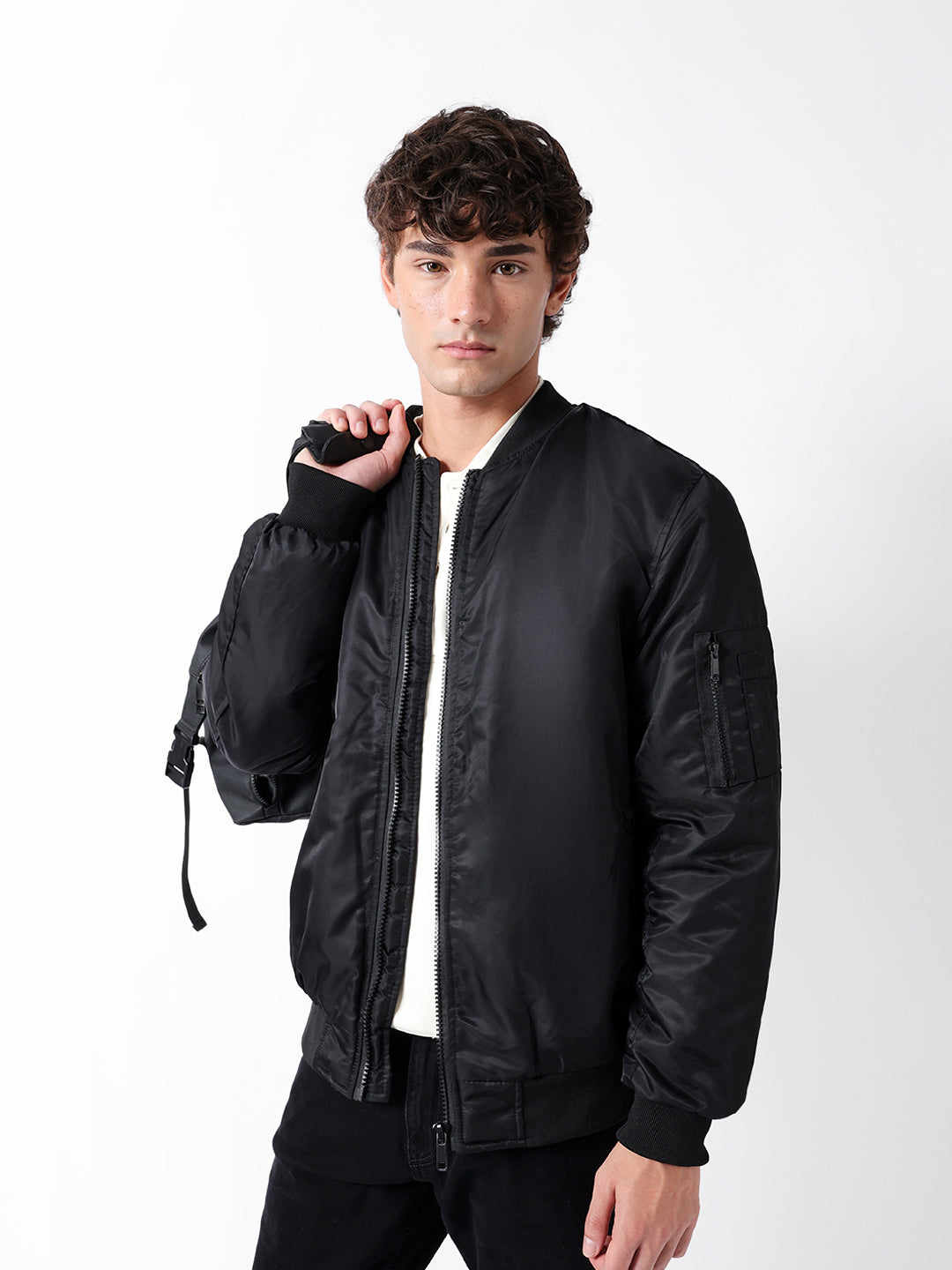 Black Bomber/Quilted Jacket with Mock Neck and Utility Sleeve Pocket