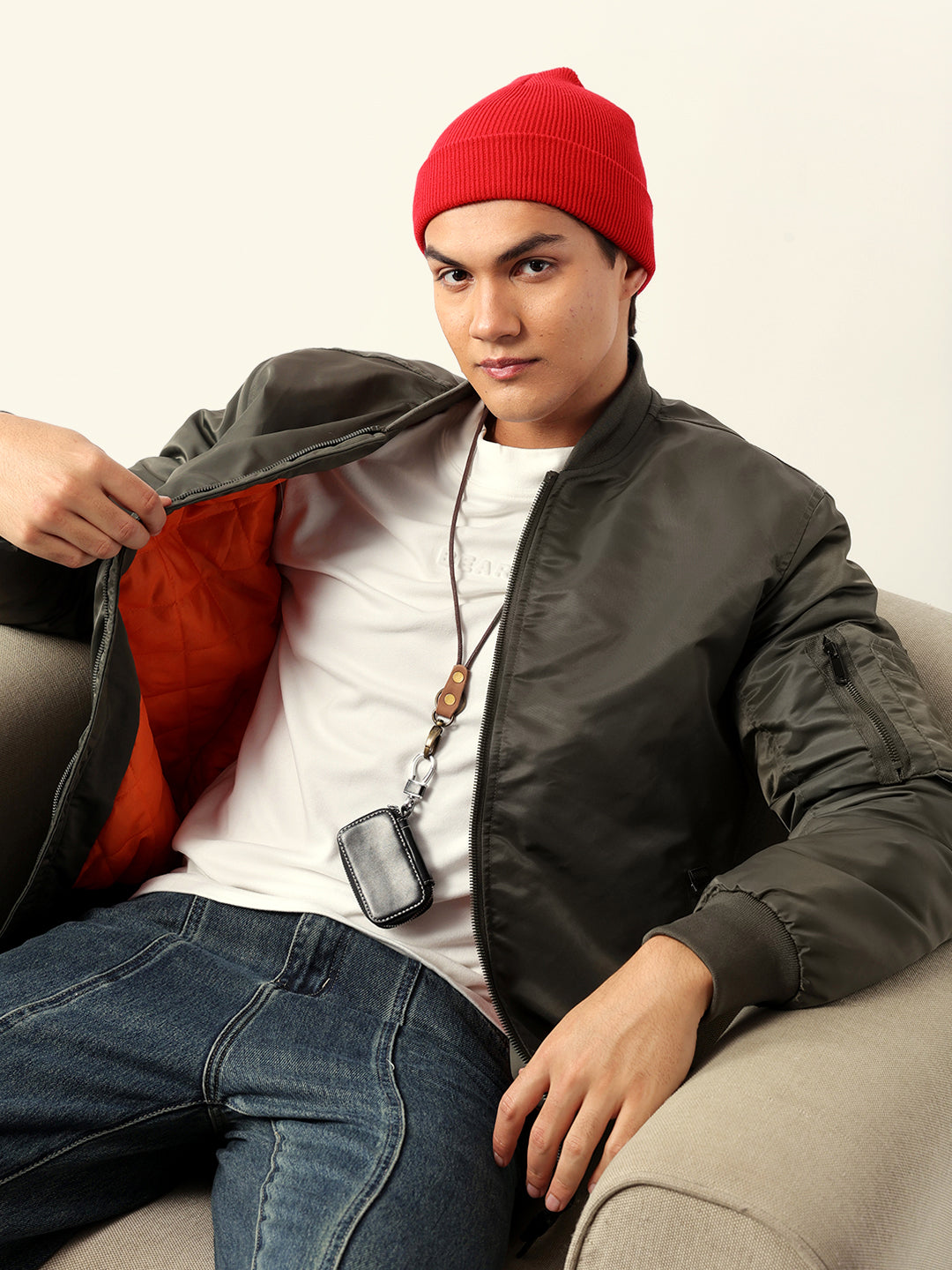 Olive Bomber/Quilted Jacket with Mock Neck and Utility Sleeve Pocket