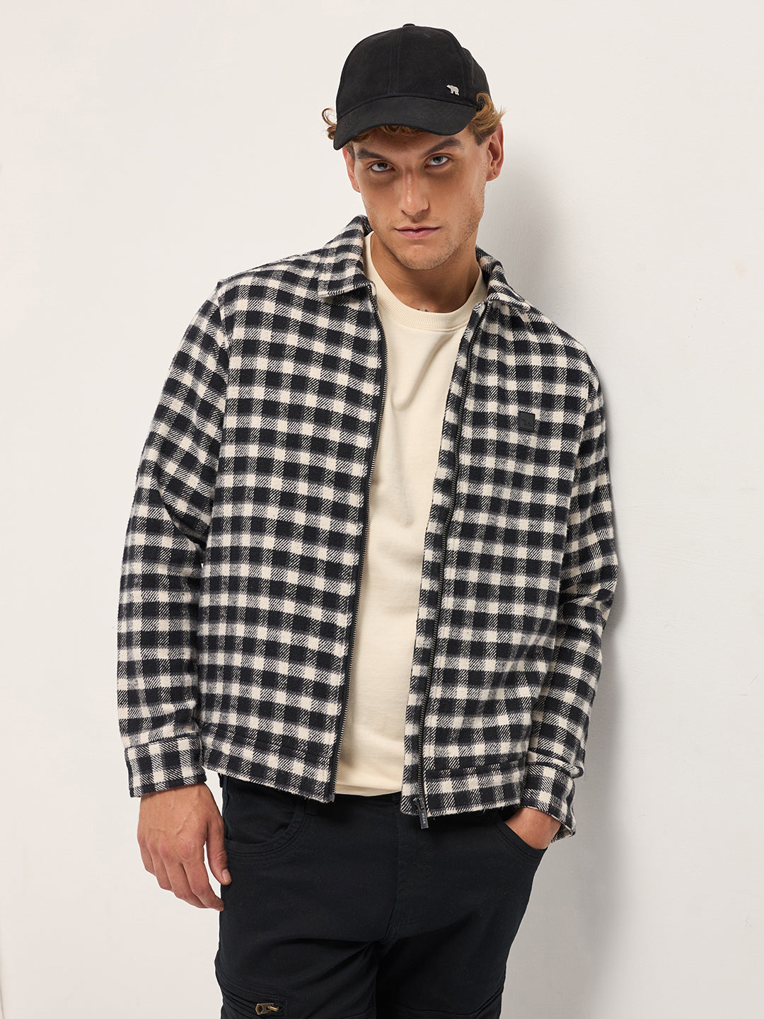 Black & White Regular Fit Flannel Check Jacket with a Classic Collar