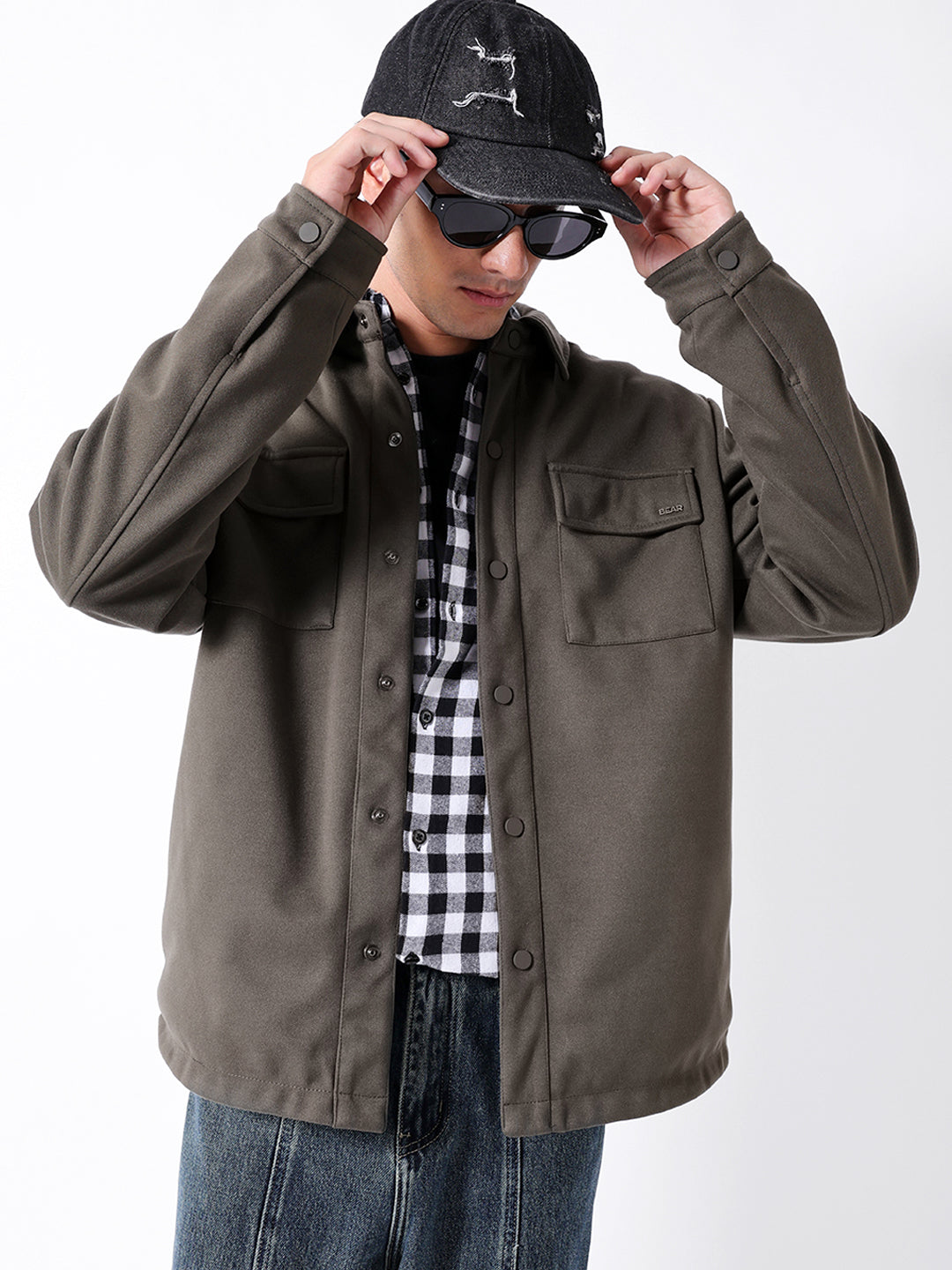Brown Reversible Jacket with Regular Collar, Snap-Button Closure & Chest Flap Pockets