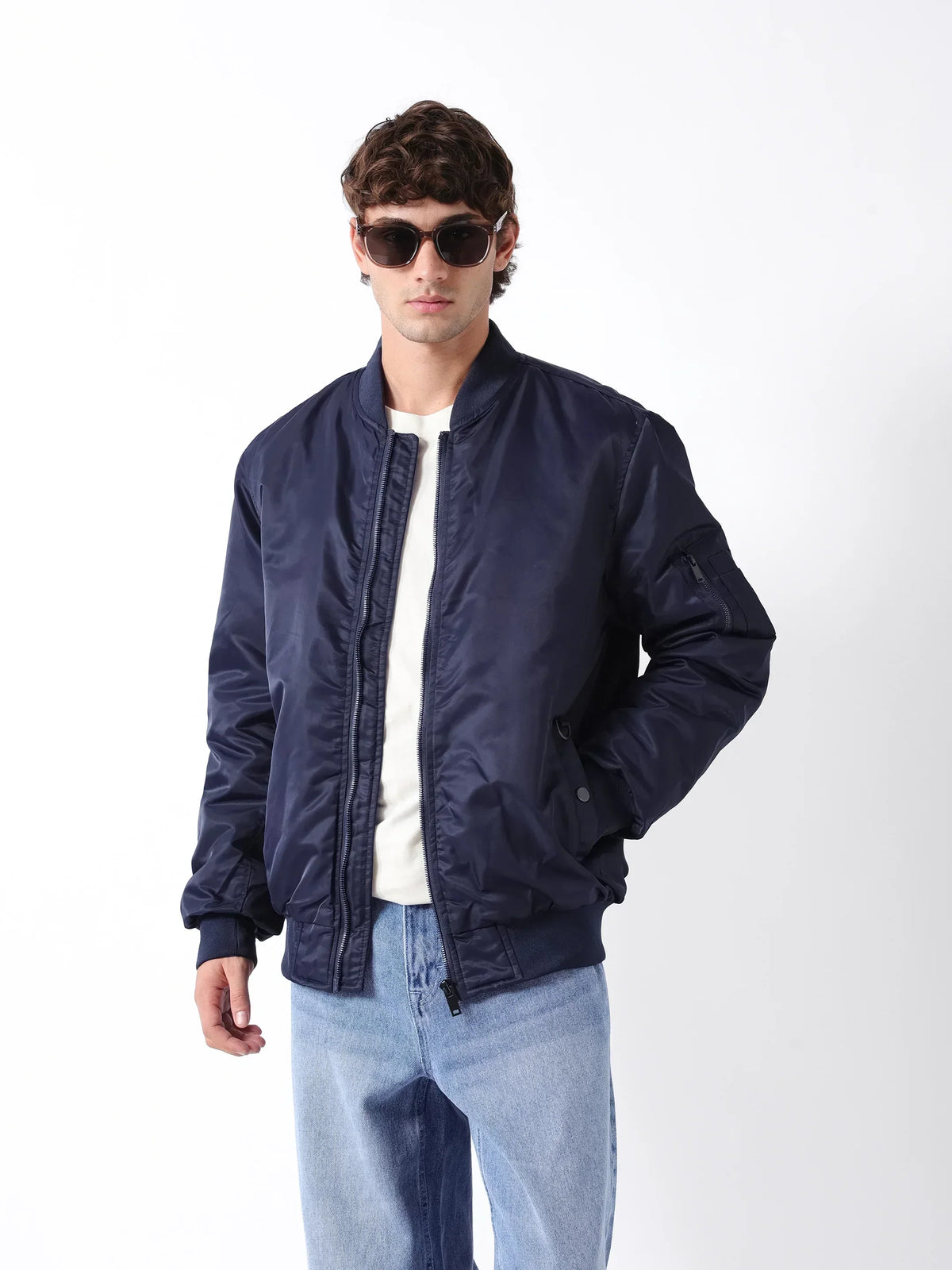 Navy Bomber/Quilted Jacket with Mock Neck and Utility Sleeve Pocket