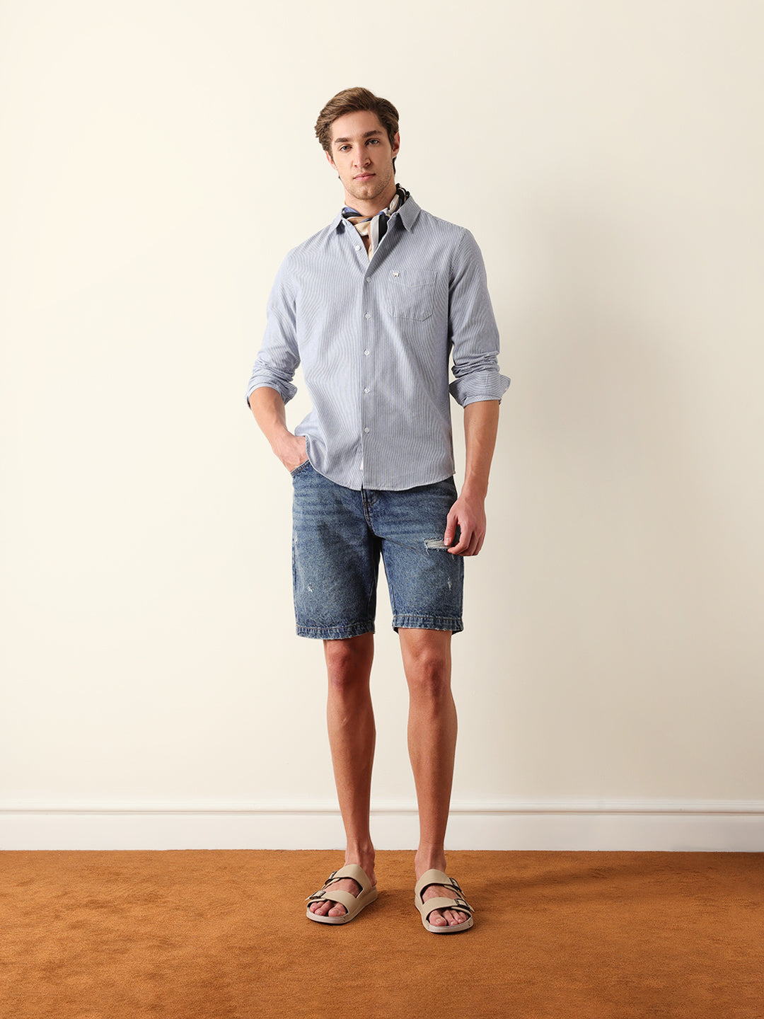 Blue & White Vertical Woven Pinstriped Slim Fit Casual Shirt