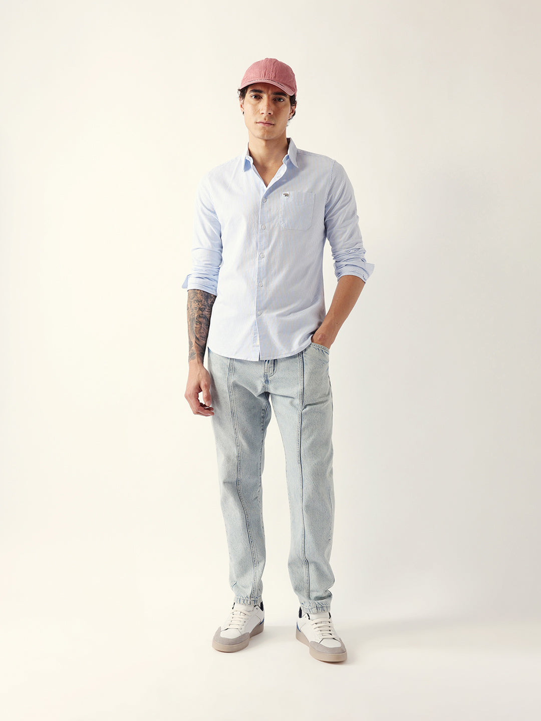 Blue Slim Fit Casual Shirt with White Vertical Stripes