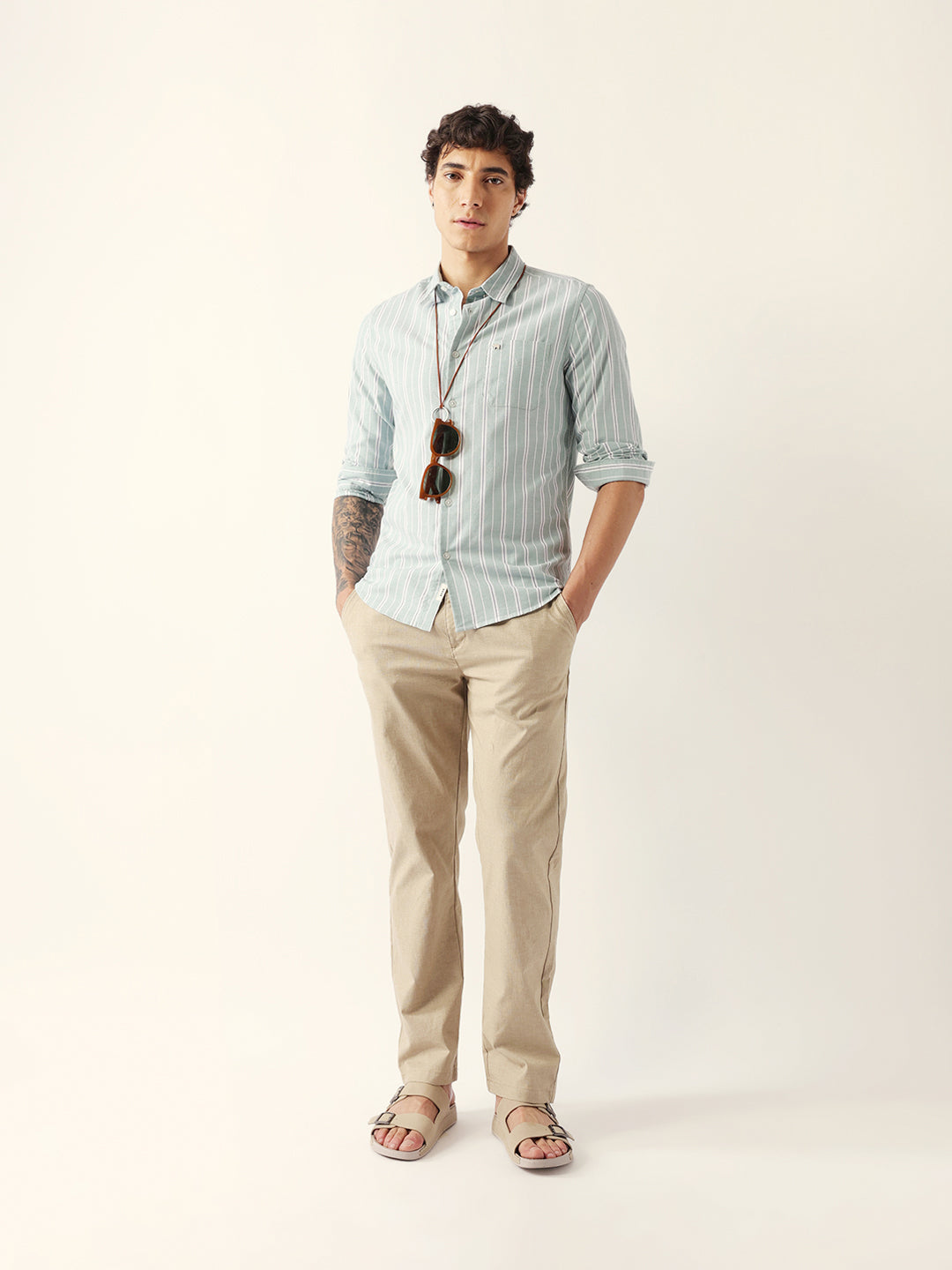 Light Green Vertical Pinstripe Slim Fit Casual Shirt