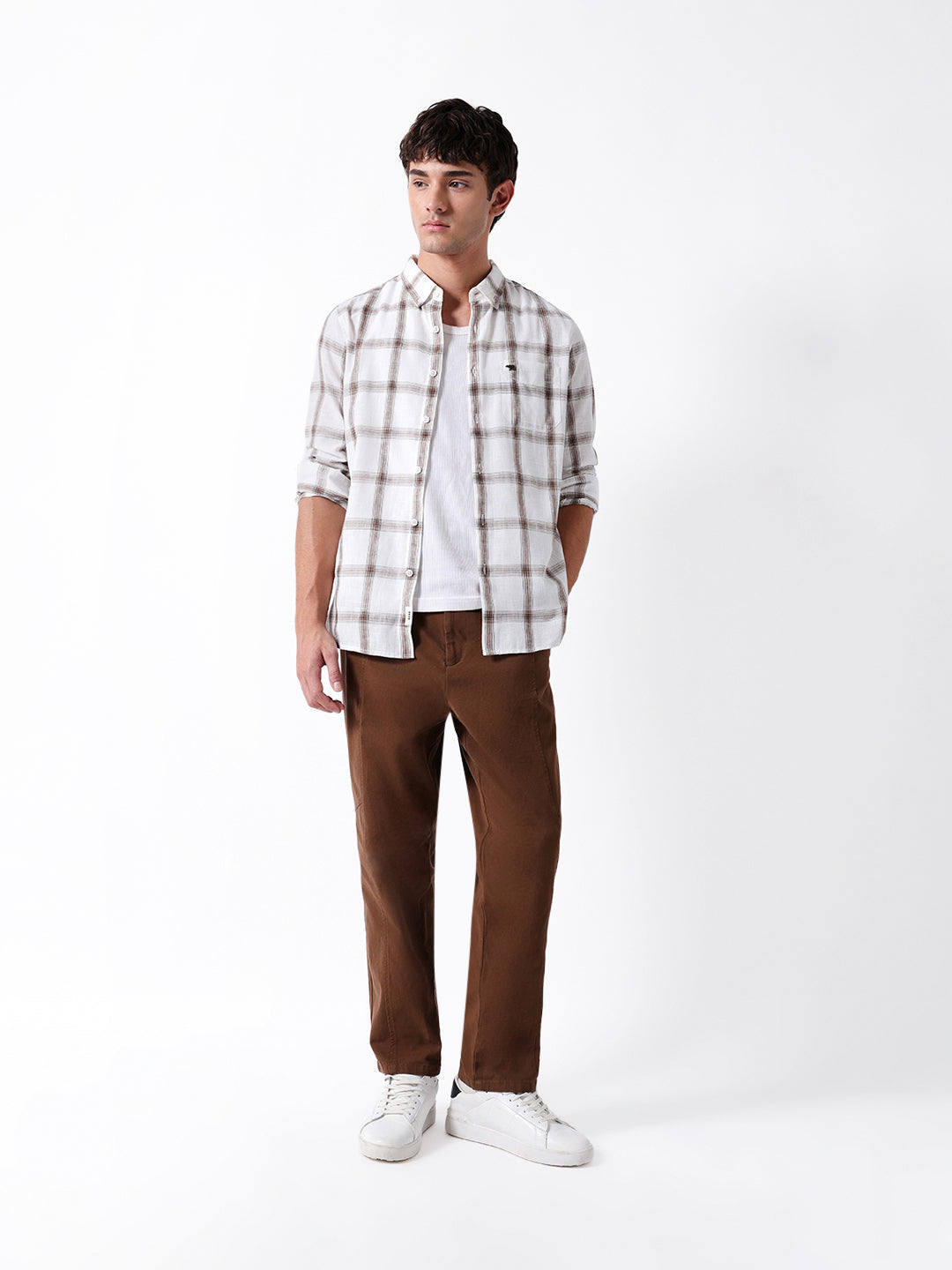 White & Brown Woven Checked Slim Fit Casual Shirt