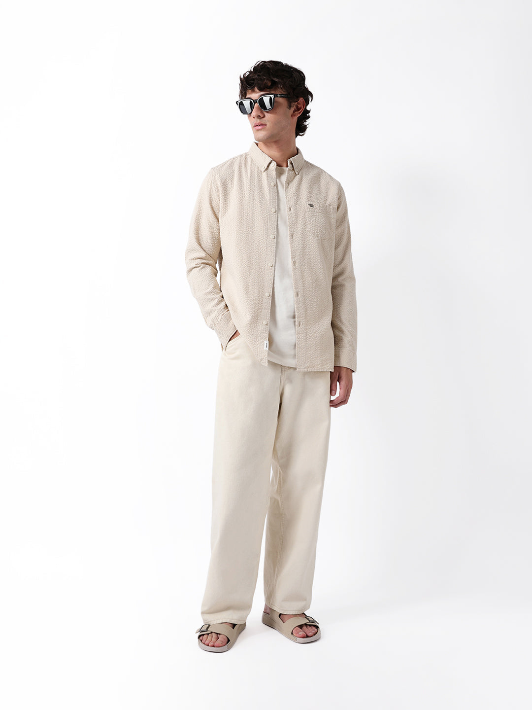 Beige Slub-Textured Woven Slim Fit Casual Shirt