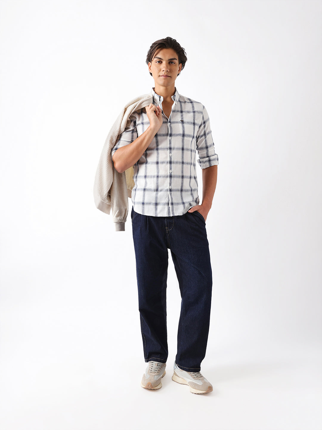 Blue & White Woven Check Slim Fit Casual Shirt