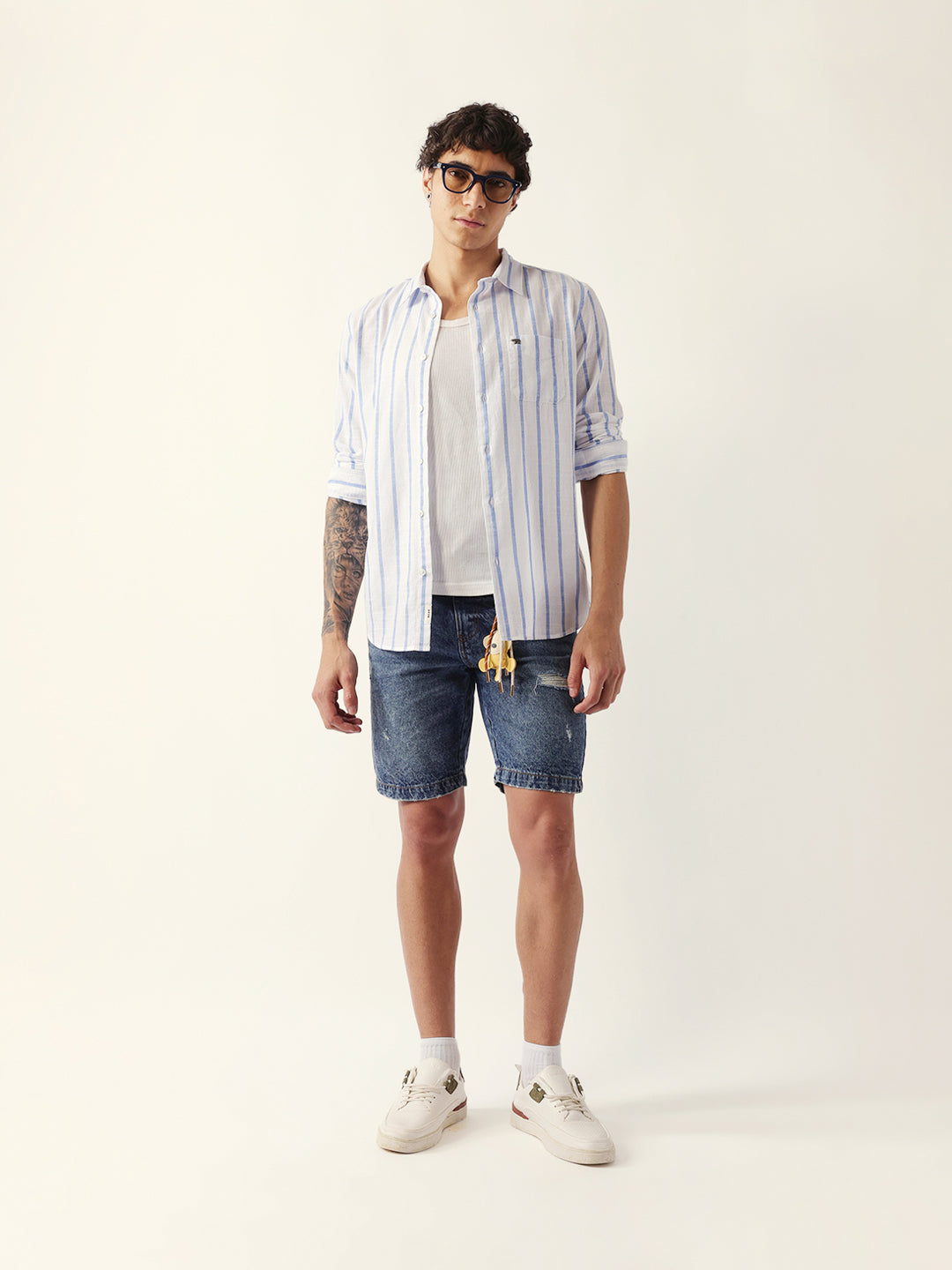 Blue & White Vertical Stripes Slim Fit Casual Shirt