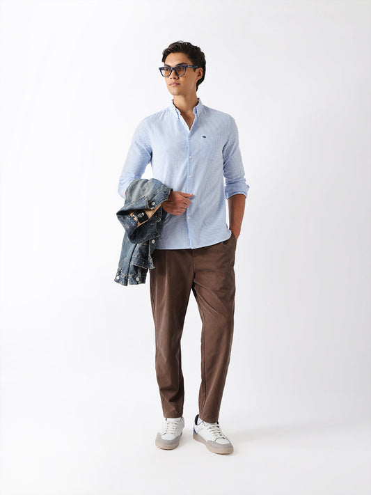 Blue & White Vertical Seersucker Pinstripe Slim Fit Casual Shirt