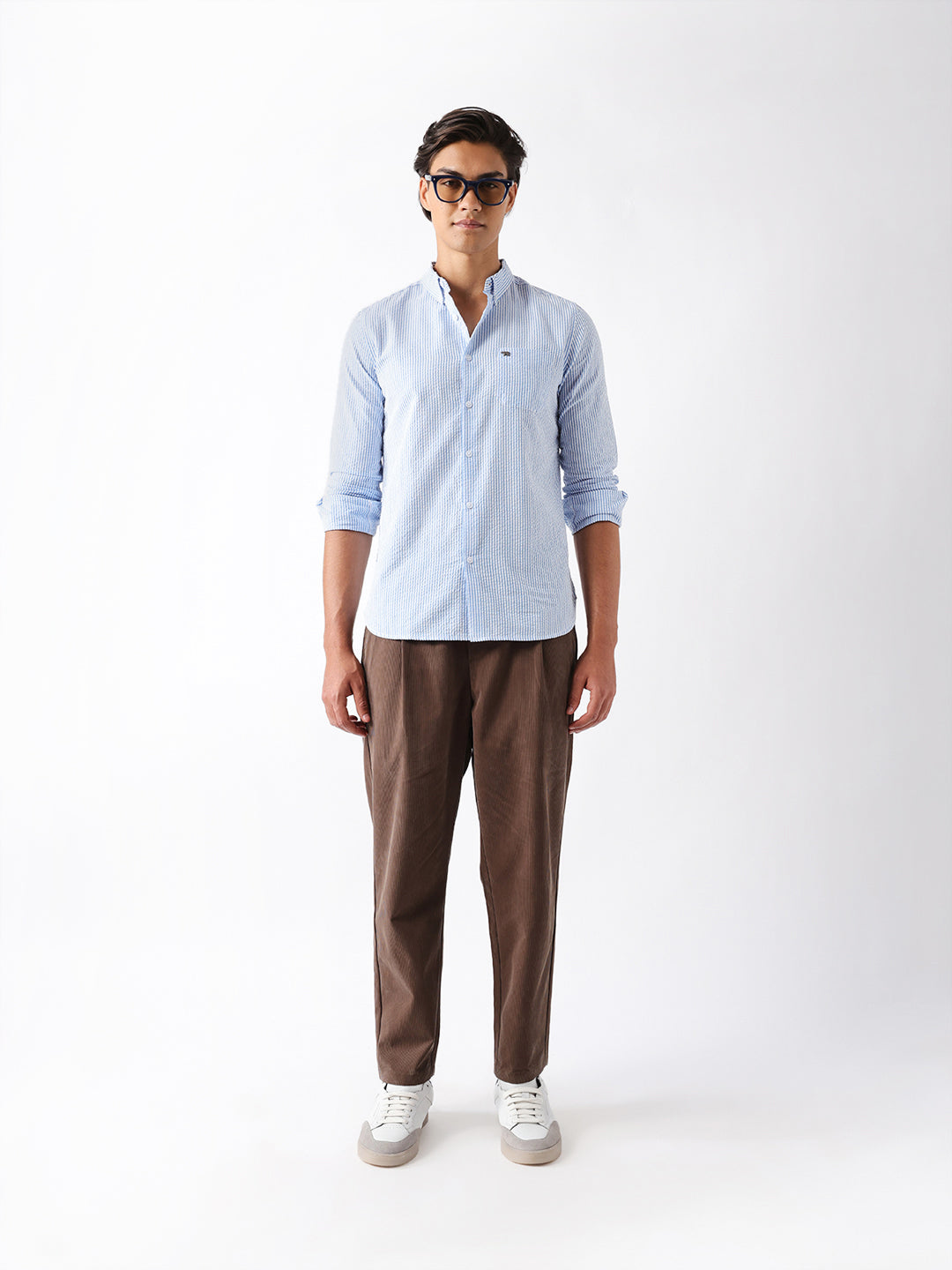 Blue & White Vertical Seersucker Pinstripe Slim Fit Casual Shirt