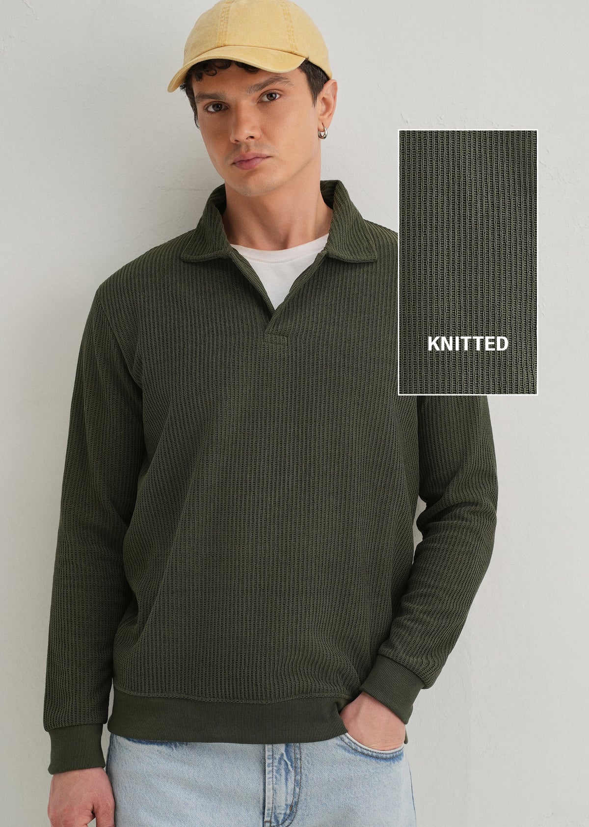 Olive Green Waffle Knit Polo Sweatshirt