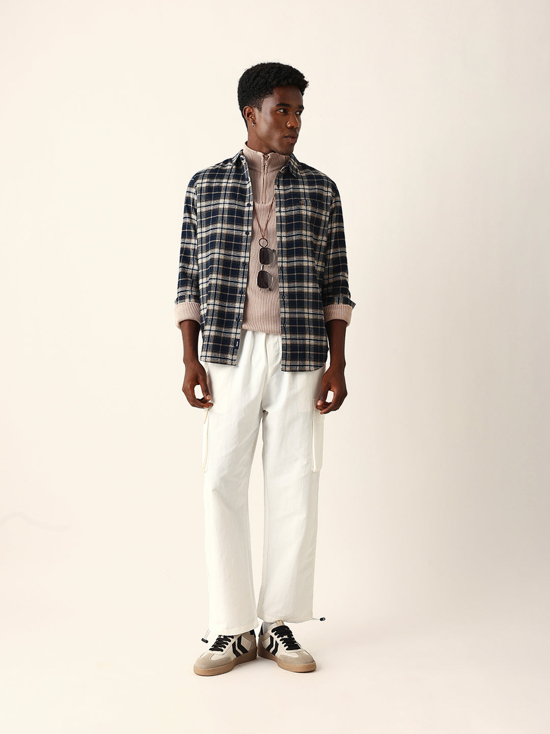 Navy Blue Flannel Woven Checked Slim Fit Casual Shirt