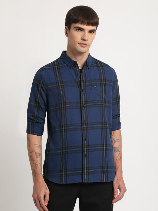 Men Blue Checked Slim Fit Cotton Casual Shirt