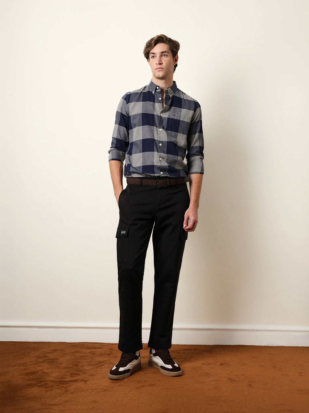 Navy Blue Herringbone Checked Design Slim Fit Casual Shirt