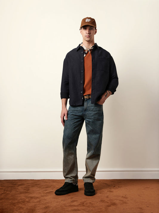Dark Blue Textured Crepe Relaxed Fit Overshirt