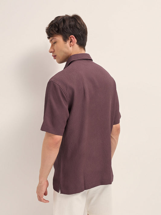 Maroon All-Over Textured Leaf Motif Oversized Casual Shirt with Half Sleeves