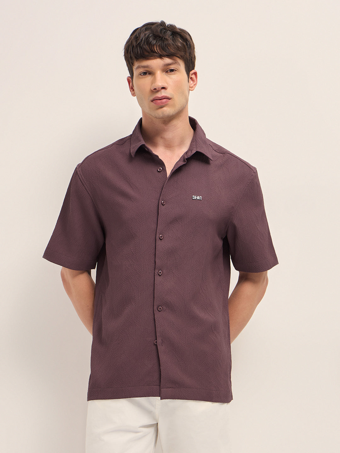 Maroon All-Over Textured Leaf Motif Oversized Casual Shirt with Half Sleeves