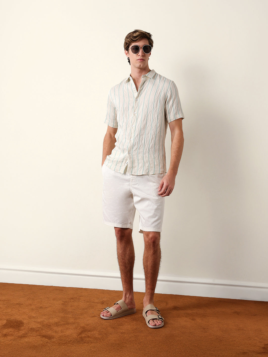 Cream Vertical Stripe Regular Fit Casual Shirt