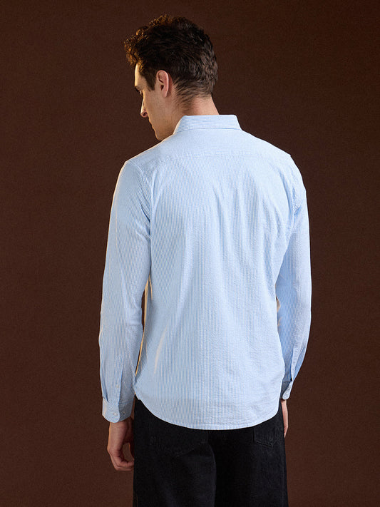 Light Blue Pin Vertical Stripes Slim Fit Casual Shirt
