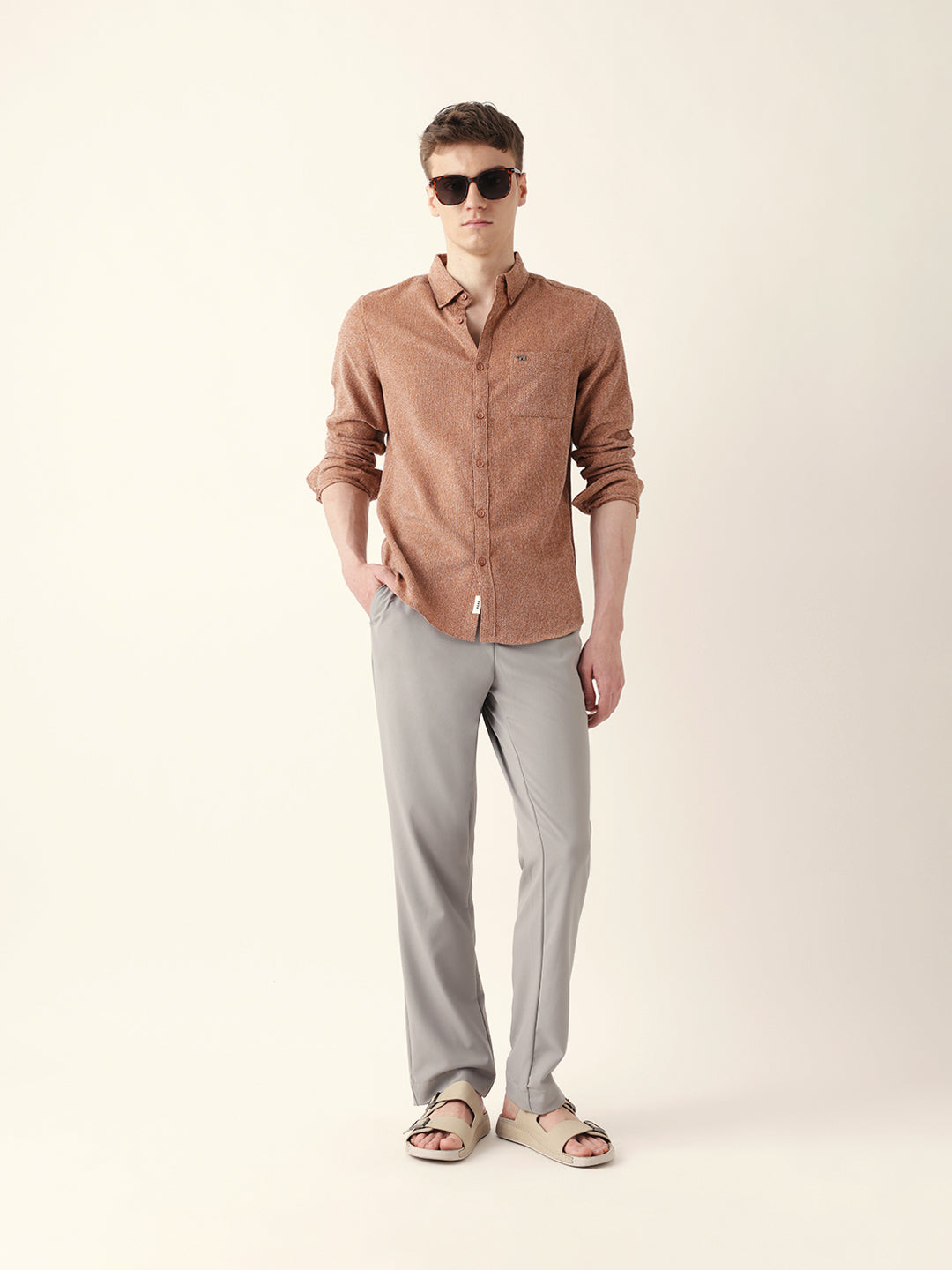 Rust Textured Woven Striped Slim Fit Casual Shirt