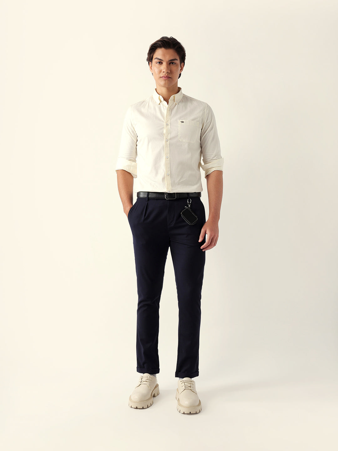 Cream Solid Slim Fit Cotton Casual Shirt