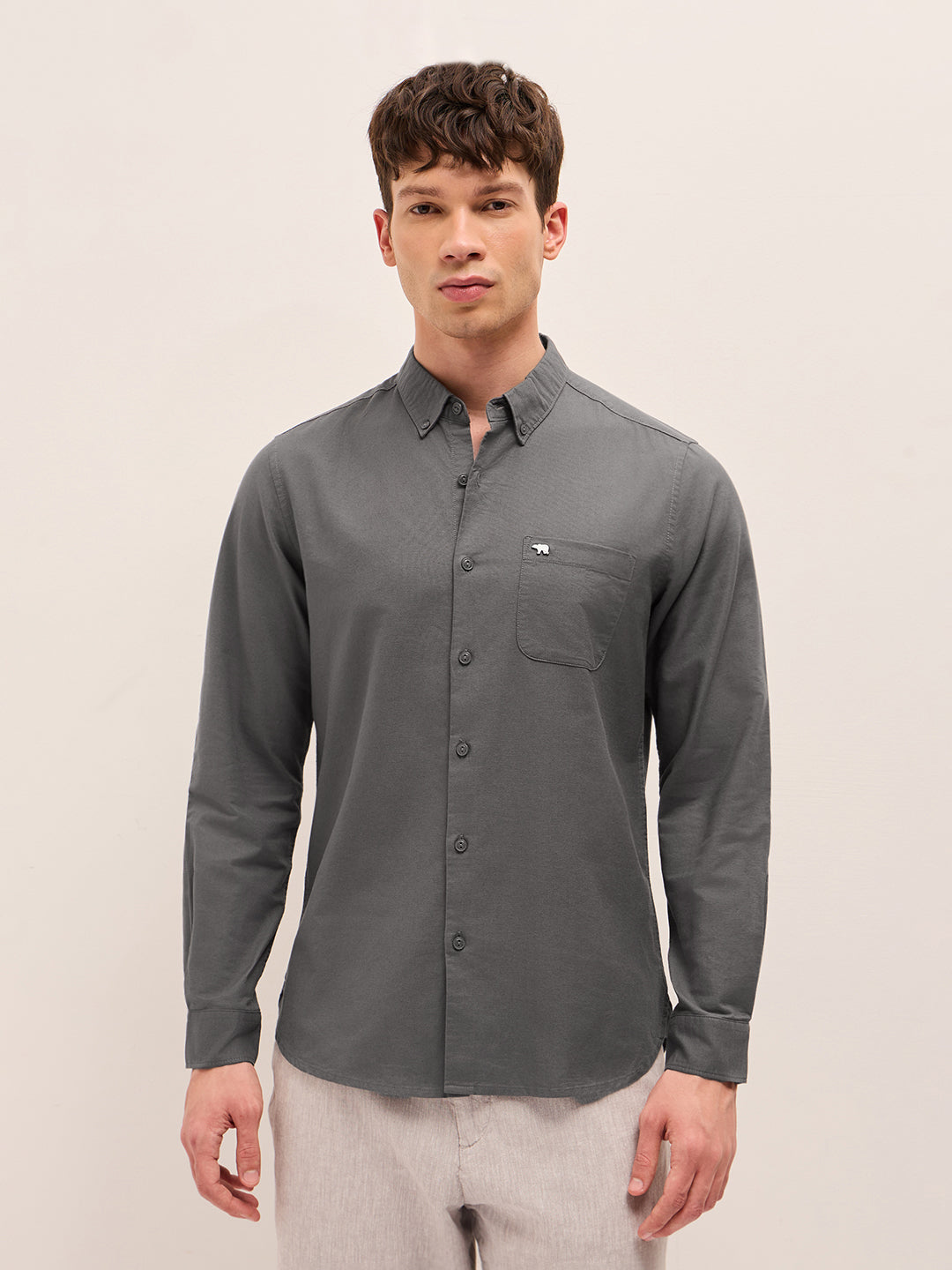 Grey Solid Cotton Slim Fit Casual Shirt with Button-Down Collar