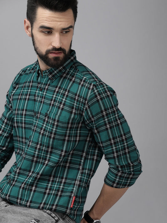 Men Green & Black Slim Fit Checked Flannel Cotton Casual Shirt
