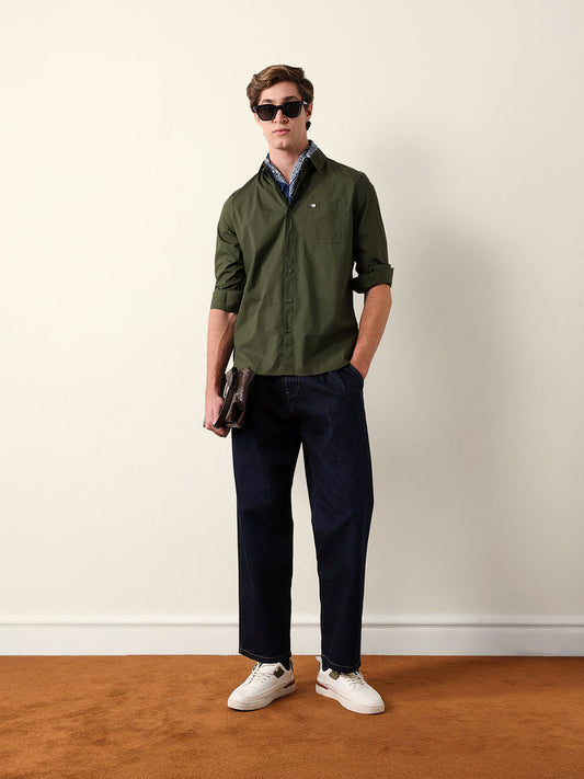 Olive Solid Slim Fit Cotton Casual Shirt