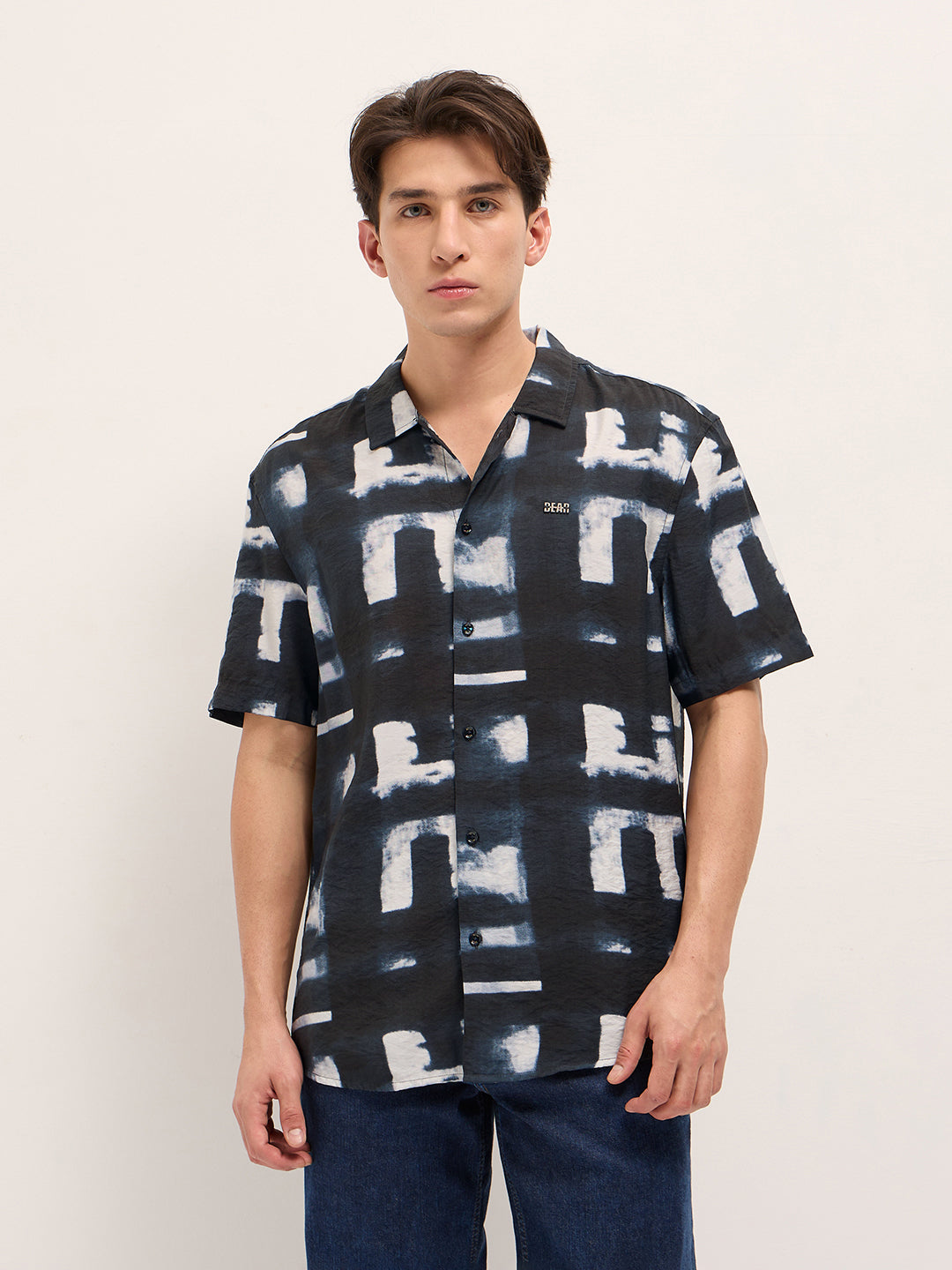Dark Blue Digital Print Relaxed Fit Casual Shirt in Nylon Viscose