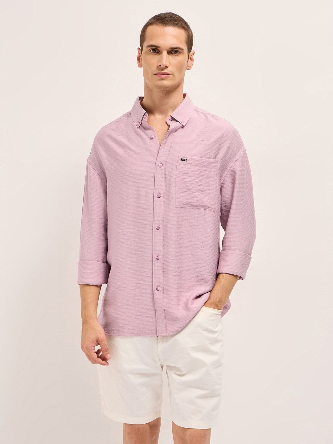 Pink Viscose Herringbone Design Relax Fit Casual shirt