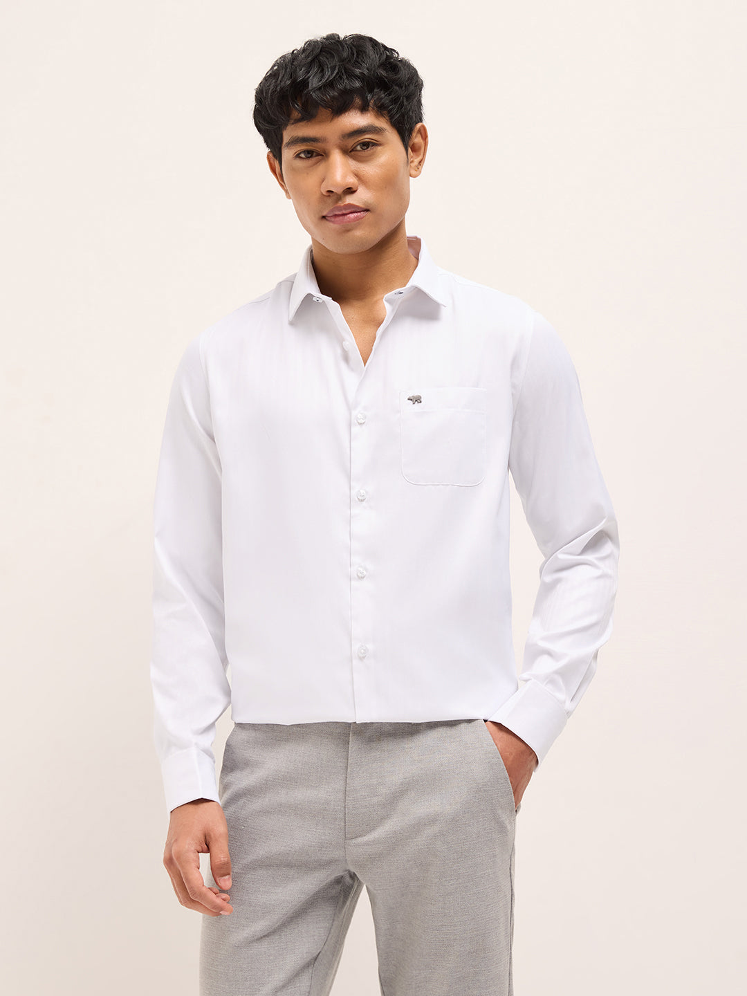 White Herringbone Woven Tailored Fit Formal Shirt with French Cuffs