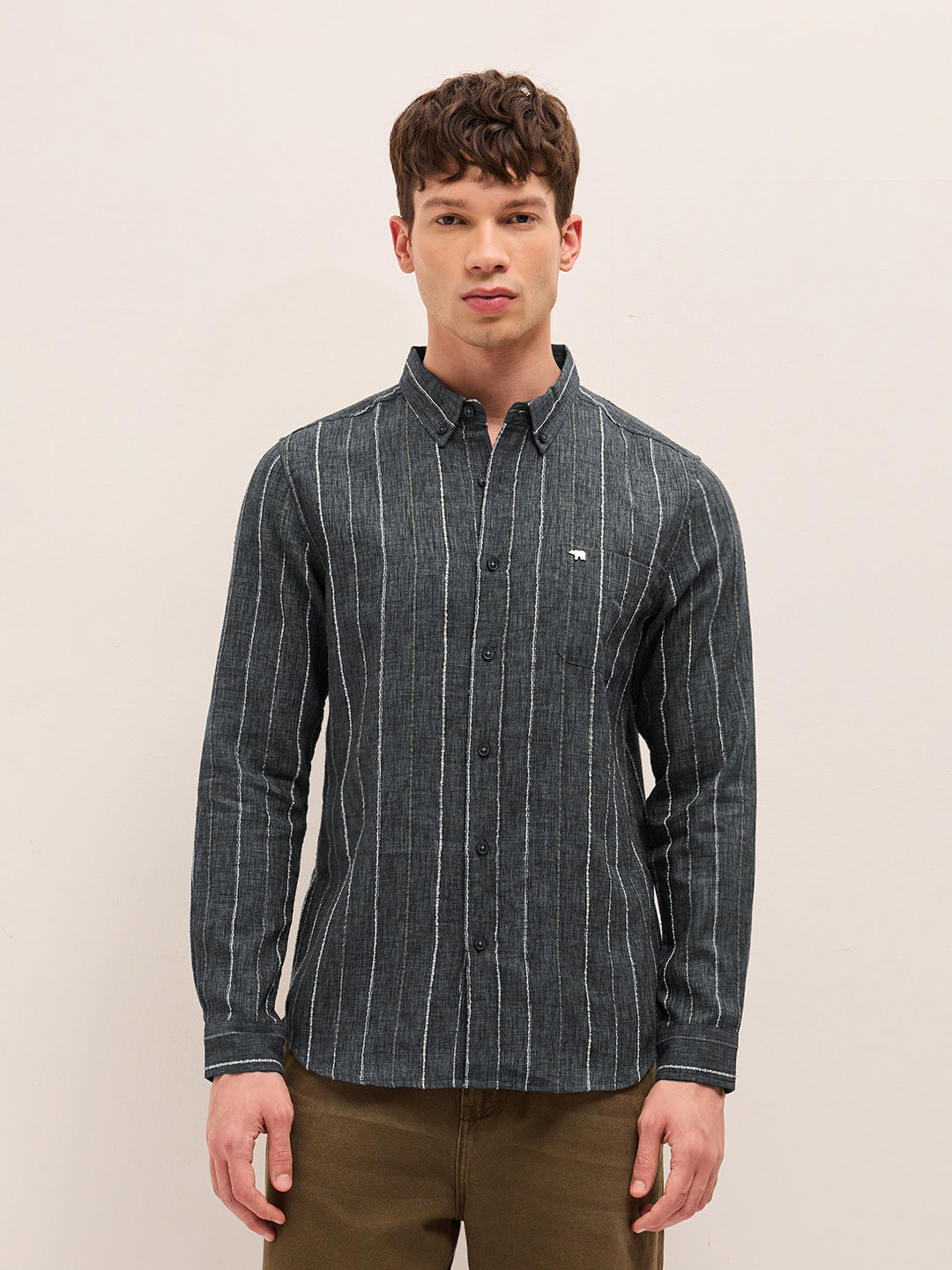 Grey Woven Vertical Stripes Slim Fit Casual Shirt
