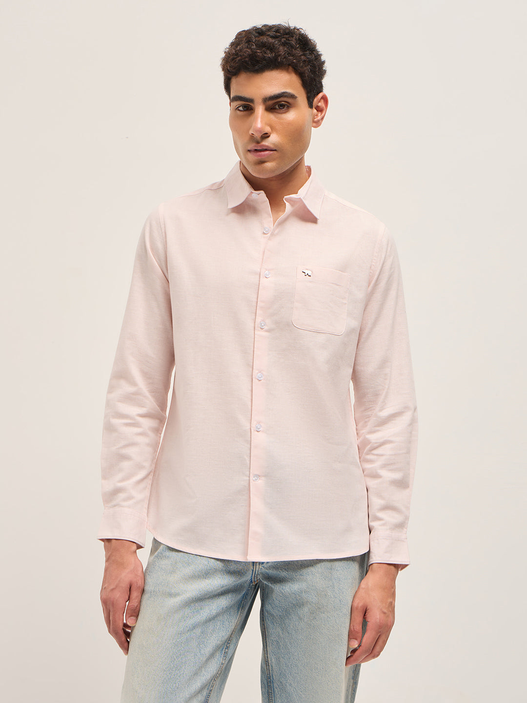 Pink Cotton Linen Slim Fit Solid Casual Shirt