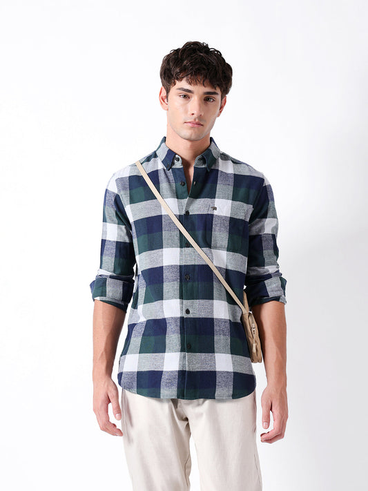 Green & Blue Flannel Checked Slim Fit Casual Shirt