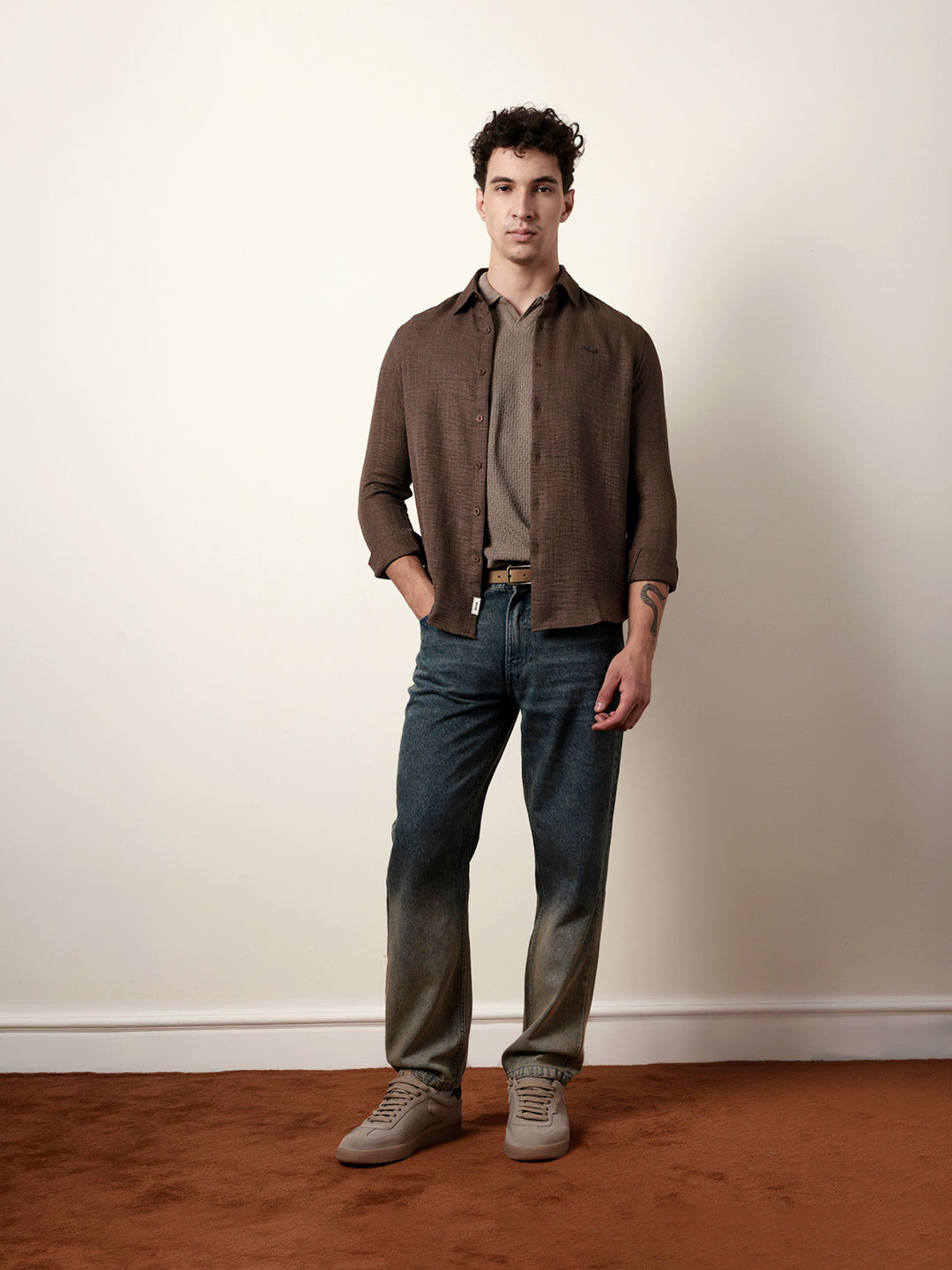 Brown Woven Textured Slim Fit Casual Shirt