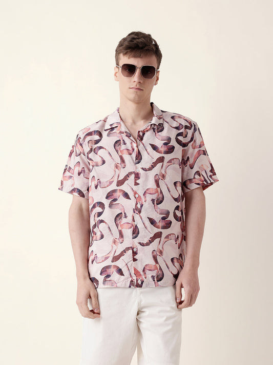 Multicolor Abstract Scribble Print Relaxed Fit Cuban Collar Casual Shirt