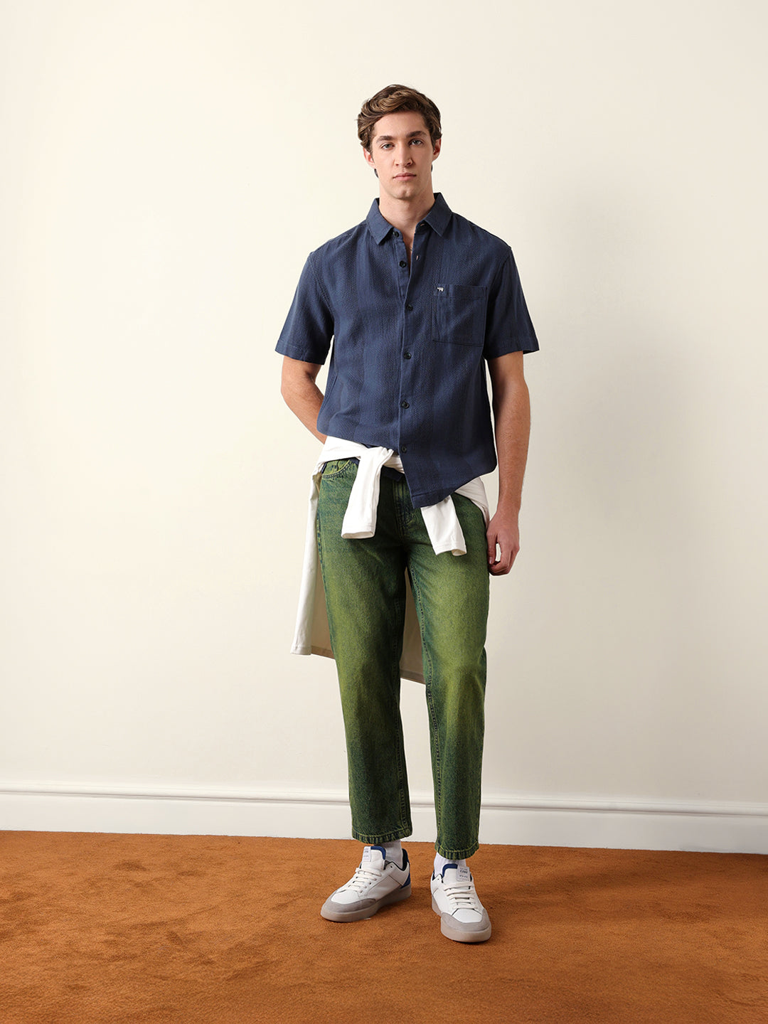 Blue Relaxed Fit Casual Half Sleeve Shirt with Textured Vertical Stripes