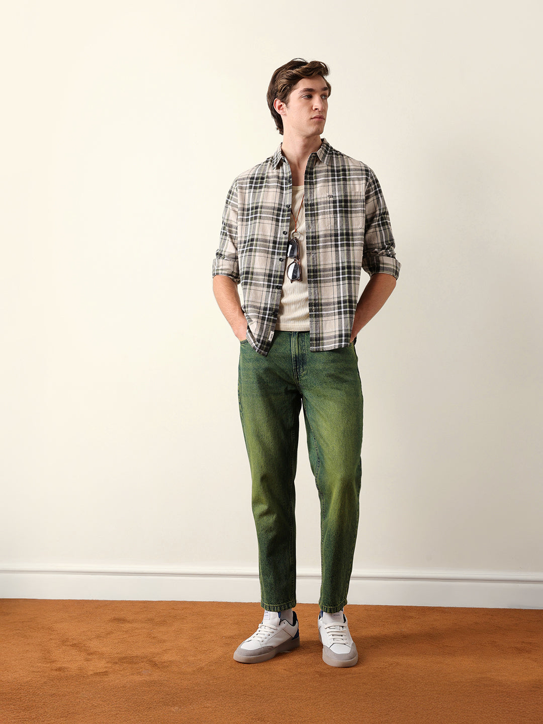 Olive Regular Fit Woven Check Flannel Casual Shirt
