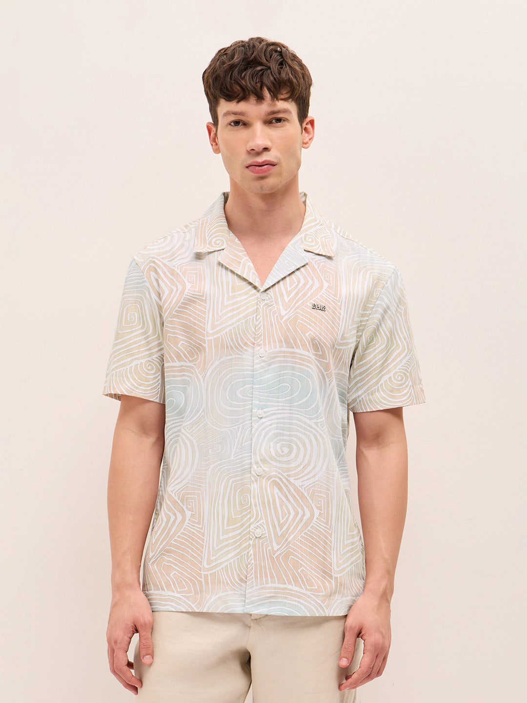 Multicolor Geometric Abstract Print Relaxed Fit Cuban Collar Shirt
