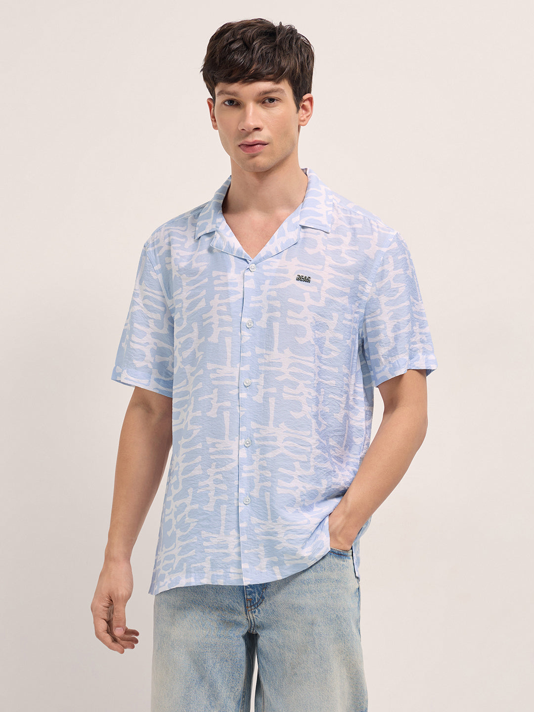 Light Blue Abstract Brush Stroke Print Relaxed Fit Cuban Collar Shirt