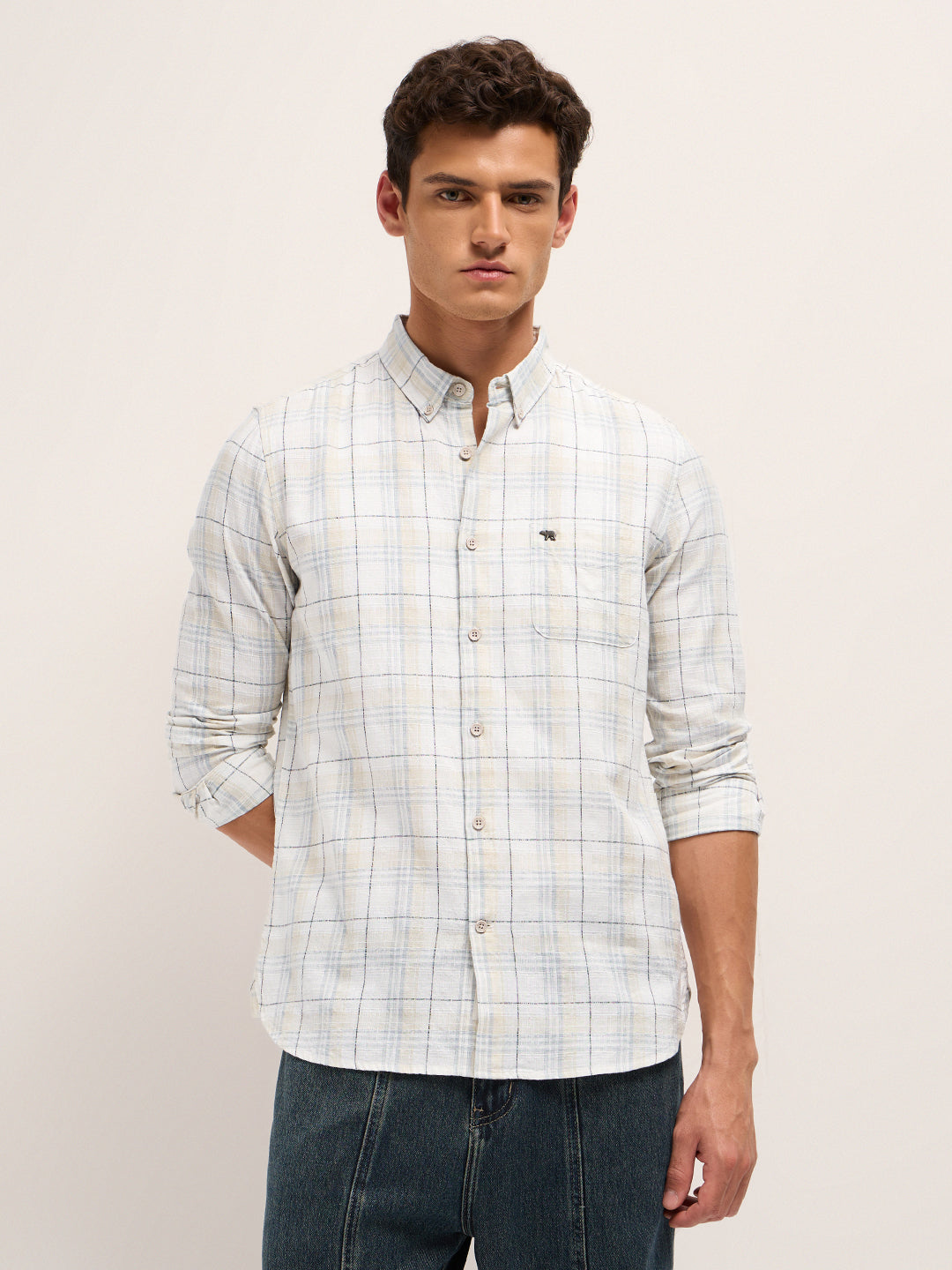 White & Grey Woven Check Slim Fit Casual Shirt